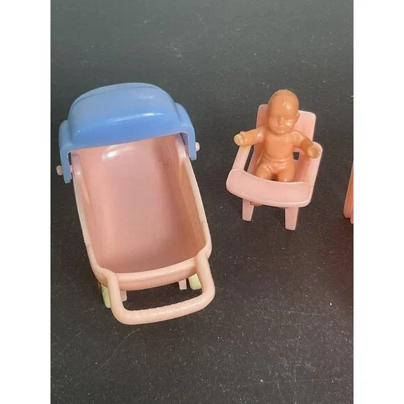 Vintage Pink & Blue Dollhouse Baby Accessories Set With Pram Crib & High Chair - Picture 3 of 6